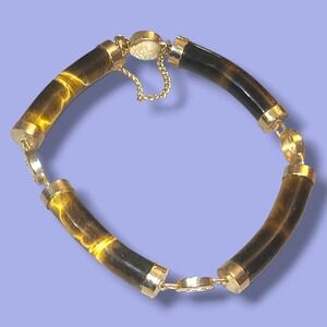 Vintage Chinese Character Tigers Eye Tube Link Gold Filled Bracelet